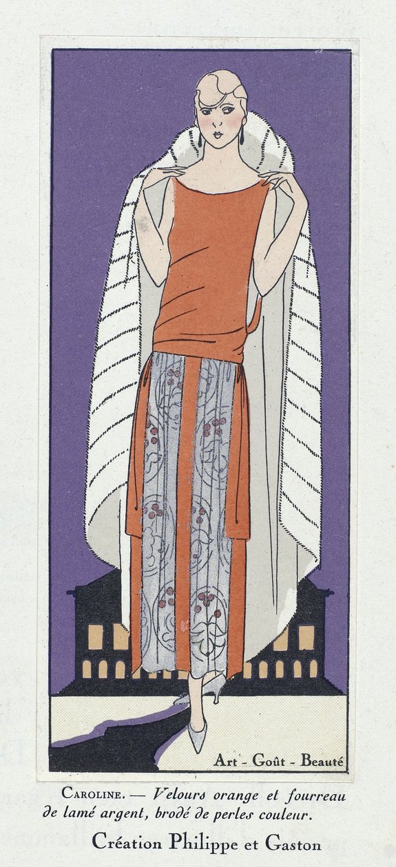 Desenho de vestido "Caroline", de Art-Gout-Beaute, pub. década de 1920 (litografia a cores) de French School