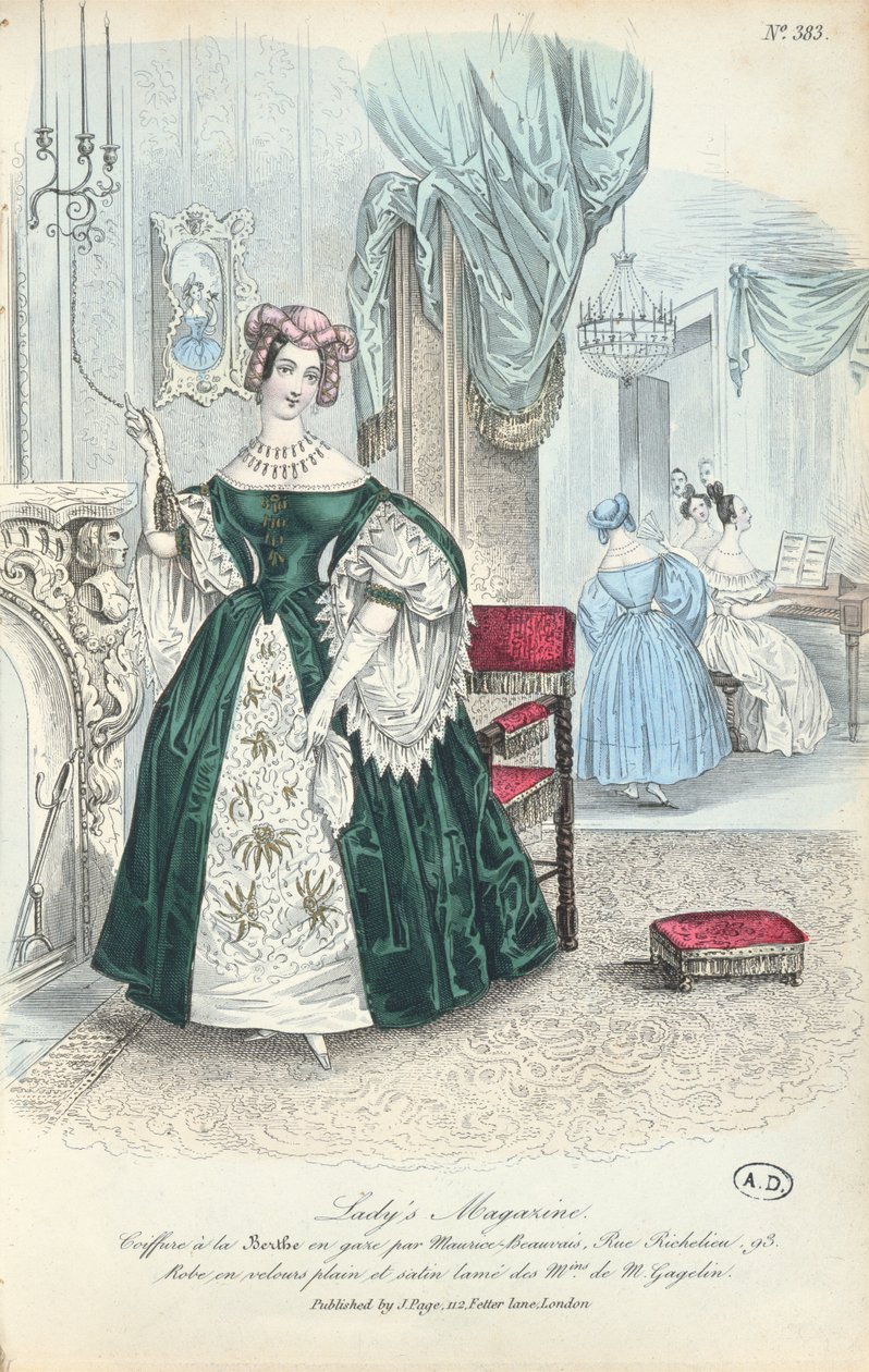 Vestido em veludo liso e cetim manco, placa de moda parisiense da The Ladys Magazine, publicada em Londres, 1831 de French School