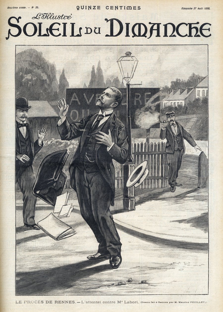 Caso Dreyfus - Tentativa de assassinato de Maitre Labori durante o julgamento em Rennes - Ataque contra Fernand Labori (1860-1917), advogado de defesa de Alfred Dreyfus (1859-1935), atingido com uma bala nas costas em Rennes quando se dirigia para o local  de French School