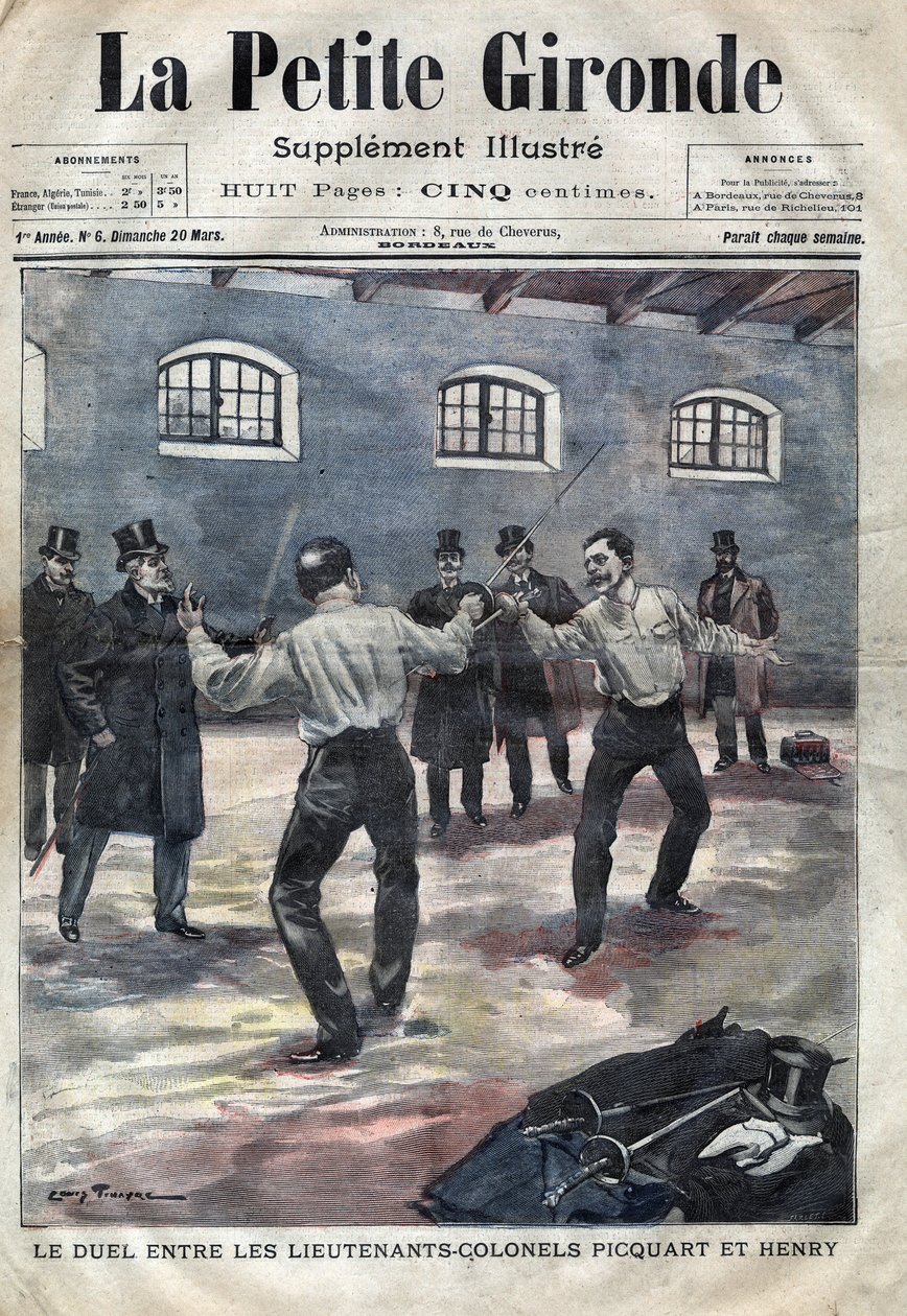 Caso Dreyfus: o duelo entre o Tenente Coronel Georges Picquart (1854-1914) e Hubert Henry (1846-1898) na escola militar em Paris. Capa de "La petite Gironde" de Março de 1898 (gravura) de French School