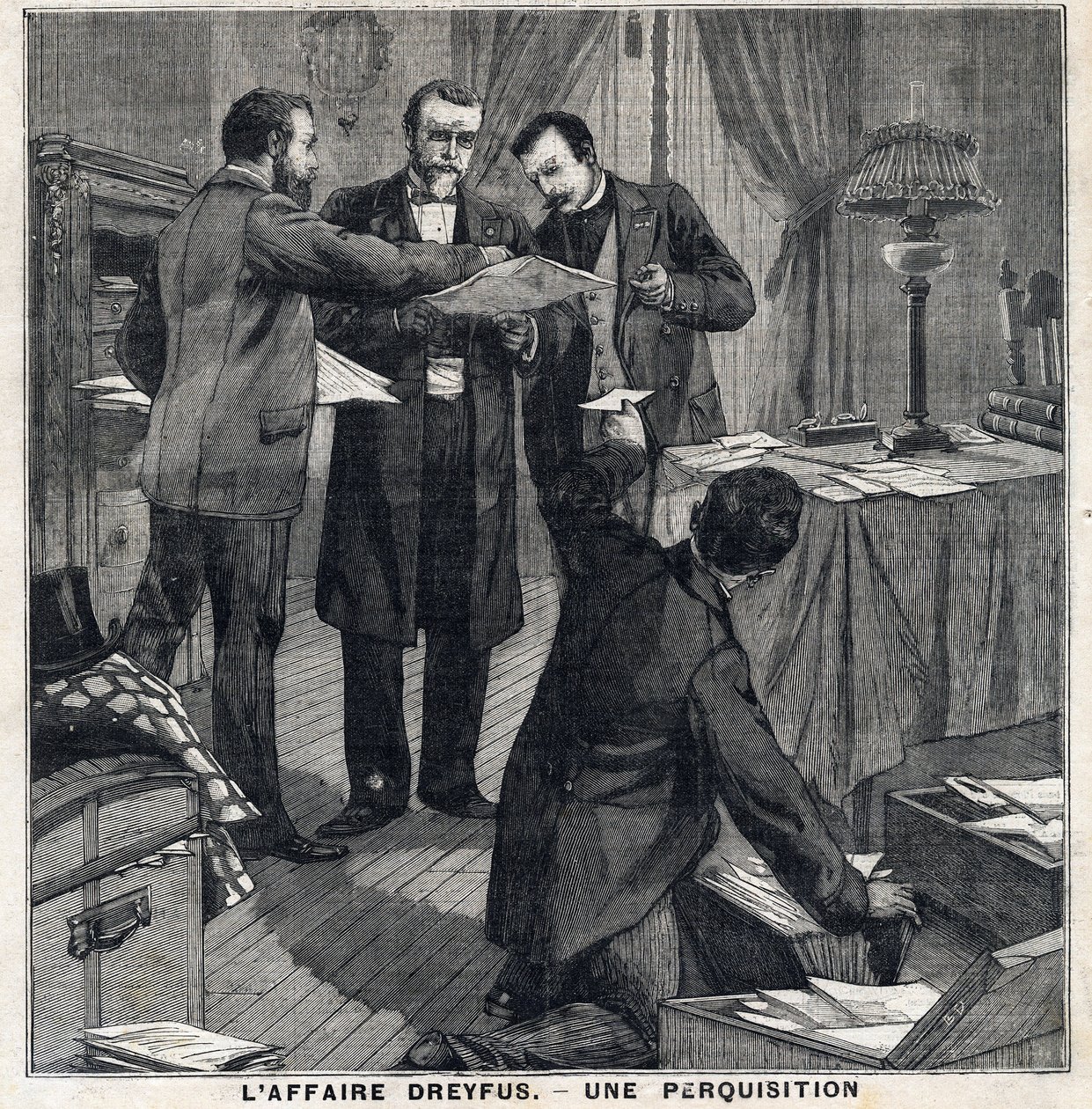 O caso Dreyfus: Três agentes à paisana e um comissário de polícia fazem uma busca na casa de Georges Picquart (1854-1914). Em "Le Peute Parisien" em 5/12/1897. Coleção Particular de French School