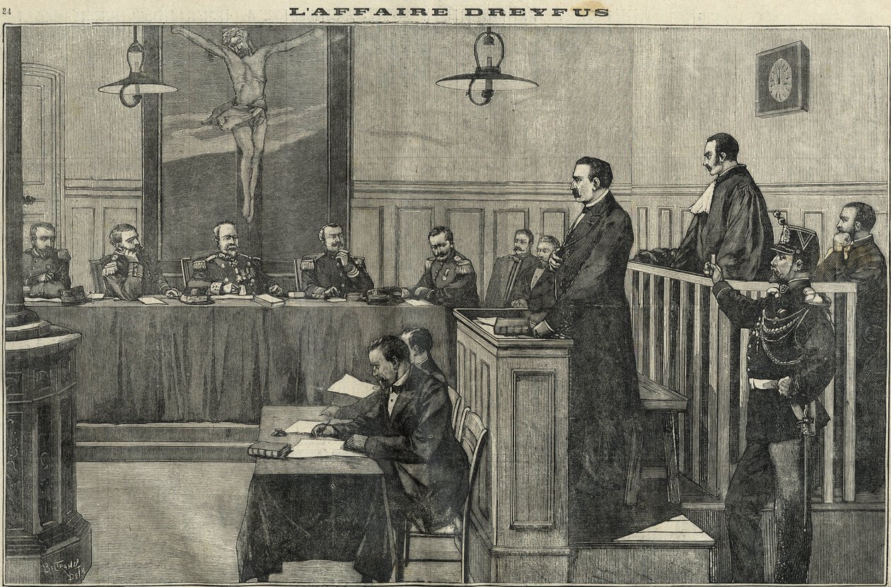 Caso Dreyfus em 1898: uma audiência do Conselho de Guerra: o julgamento do Comandante Esterhazy. Gravação em "Le petit parisien", de 1898. de French School