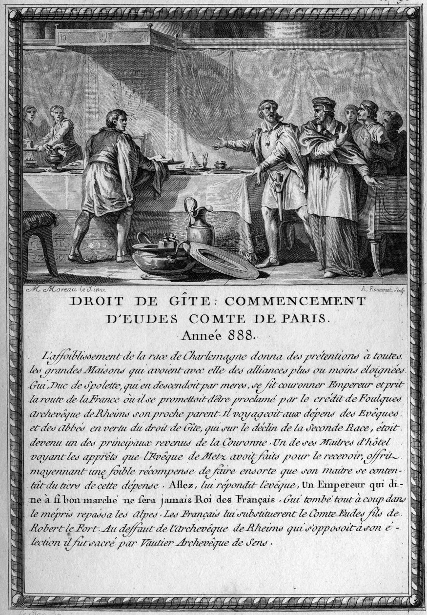 Droit de Gite, Início de Eudes, Conde de Paris, ano 888. O Rei Guy (Gui) III, Duque de Spolete (falecido em 894) foi heberger pela Eveque de Metz sob o direito de uma cabana (direito feodal dando a um senhor o direito de ser heberger pelo seu povo quando s de French School