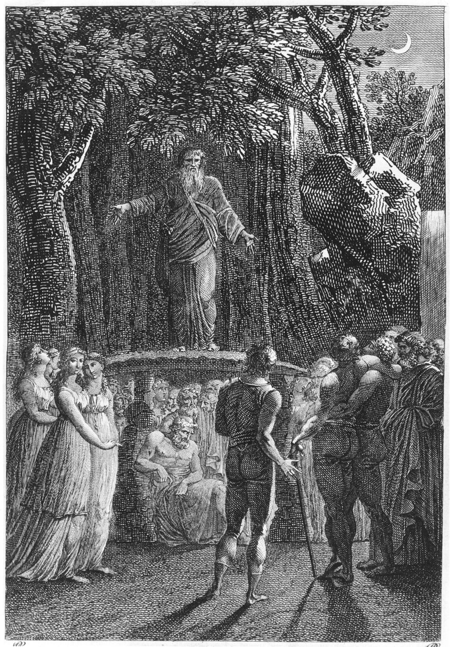 Druidas na Bretanha, ilustração de Travel in the Finistere de Jacques Cambry, Paris, publicada em 1801 de French School