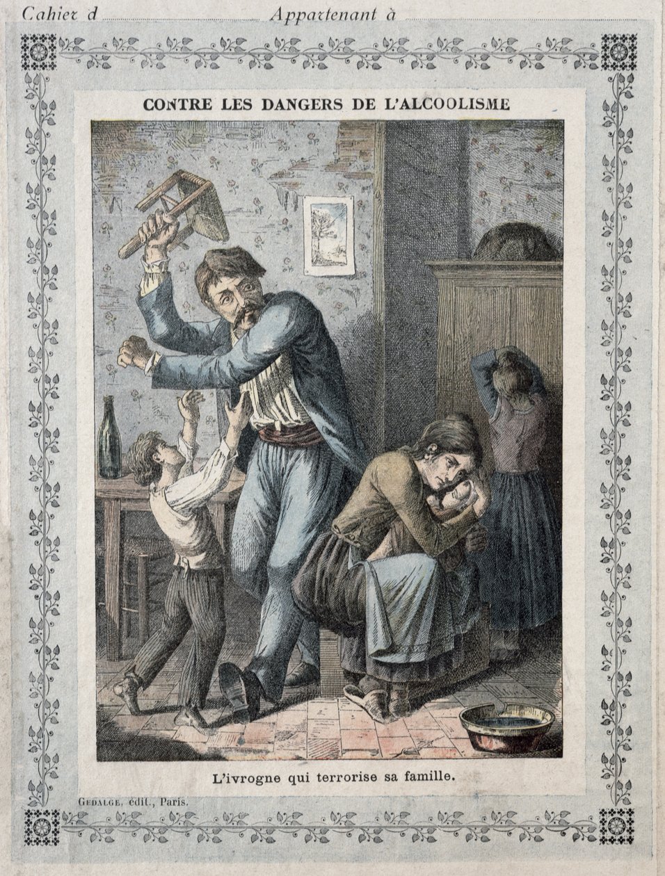 Bêbado aterrorizando sua família, capa de um caderno escolar. c.1900 de French School