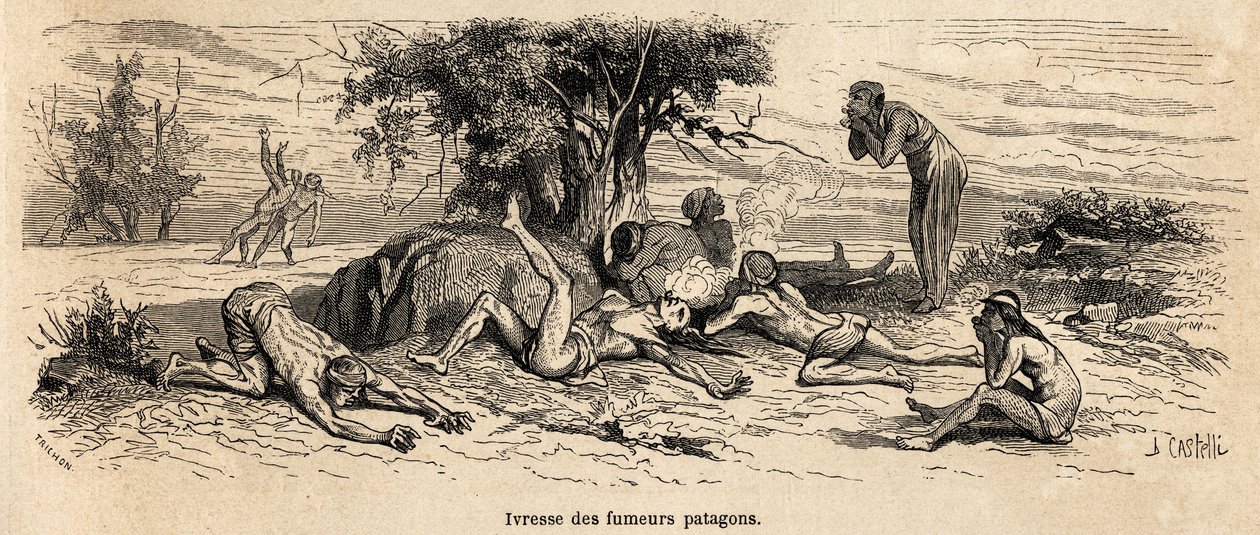Embriaguez dos fumantes, desenho do autor, para ilustrar 3 anos de cativeiro entre os patagões de French School