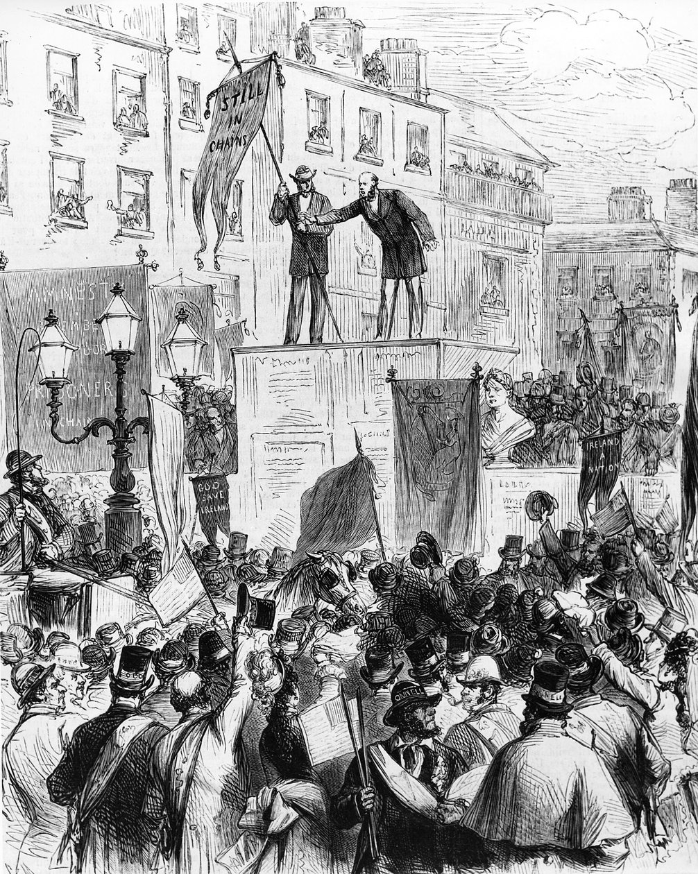 Dublin - Celebrações do centenário de nascimento de Daniel OConnells: Sr. Sullivan MP, discursa as pessoas na Rua Sackville, do Le Monde Illustré, 1875 de French School