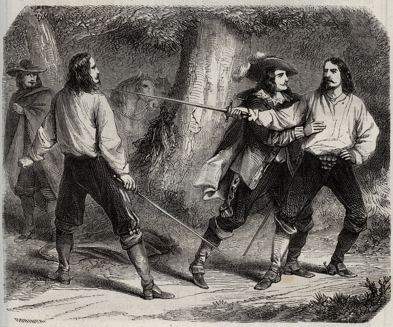 O duelo tem a espada entre o Visconde de Cahuzac e o Marquês de Gesvres, cuja rainha da França Ana da Áustria está apaixonada, no bosque de Vincennes. Século XVII. Gravura de 1871 em "Histoire Des Cocuses Celebres" de Henry de Kock (1819-1892). de French School
