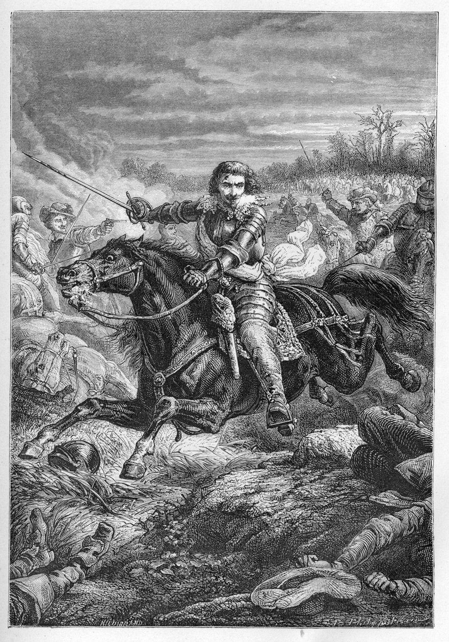 Duque Henrique II de Montmorency (Montmorenci) (1595-1632) na Batalha de Castelnaudary em 1632 - Duque de Montmorency. Luta em Castelnaudary - gravura de "L