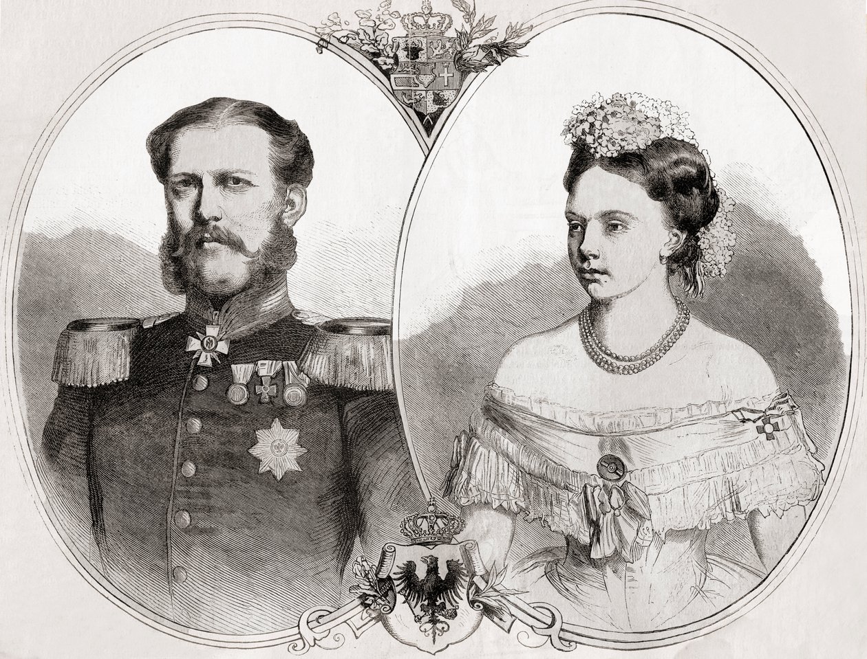 O Duque William de Mecklenburg-Schwerin e sua esposa Princesa Frederica Wilhelmina Louise Elisabeth Alexandrine da Prússia, da 