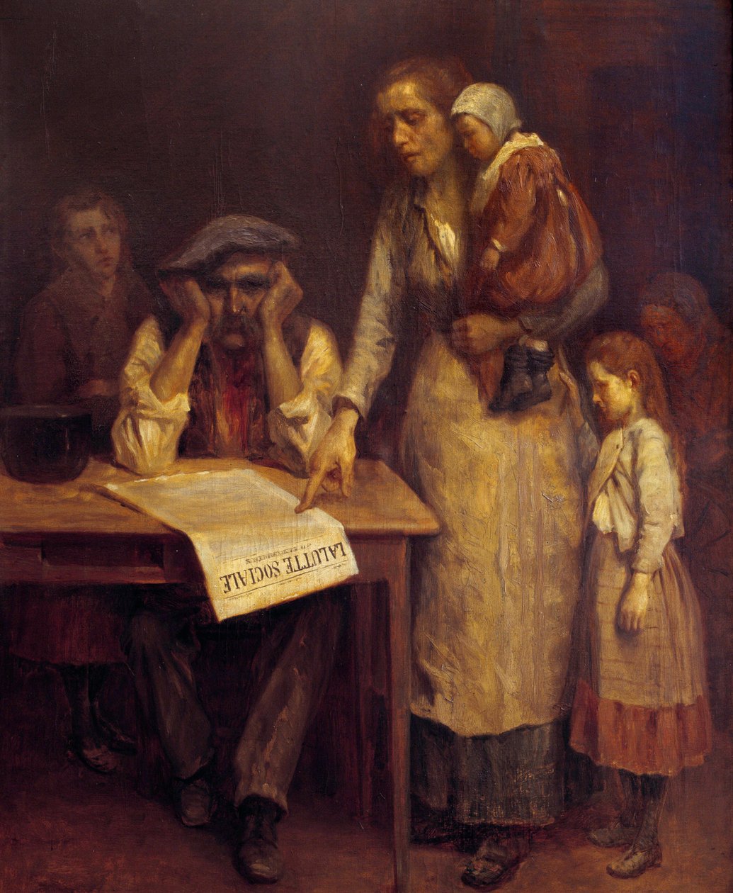 Durante a greve Uma família de trabalhadores, a mãe contou ao pai um artigo no jornal "La lutte sociale" Pintura anónima de French School