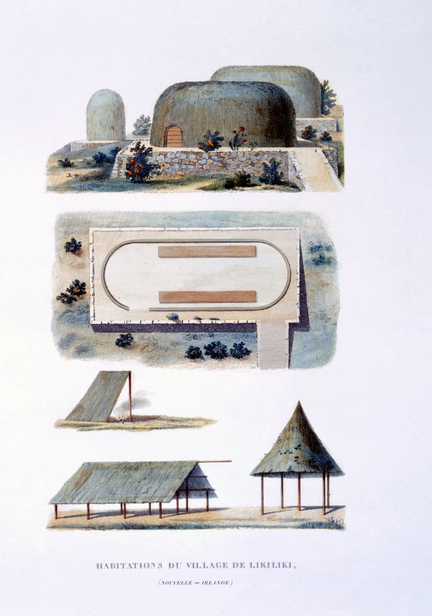 Habitações em Likiliki Village, Nova Irlanda, 1826 de French School
