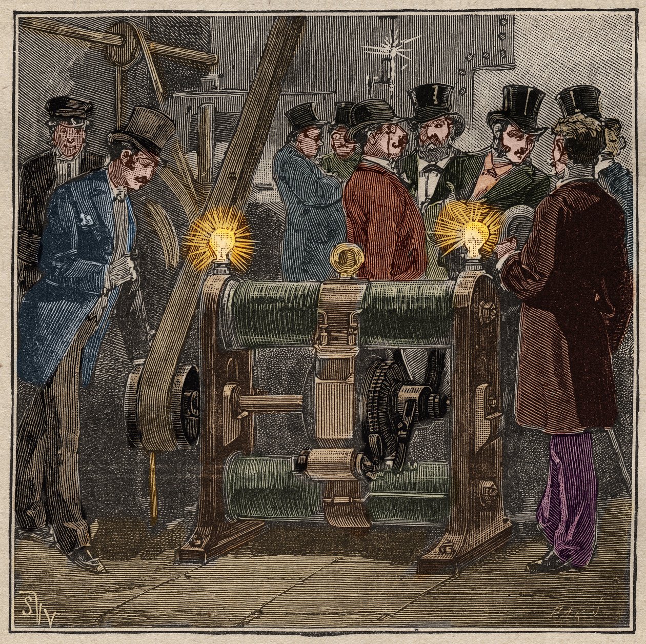 Máquina elétrica Dynamo do tipo Gram (Zenobe Theophile Gram) produzindo corrente contínua, experiência elétrica na sala de máquinas do Conservatoire des arts et metiers de Paris (cerca de 1881). Gravura de 1885 em "Les arts et metiers illustres" de Ad de French School