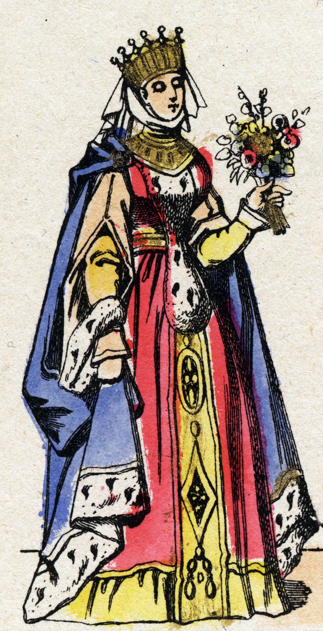 Dinastia dos Capetianos: Retrato de Marguerite da Provença (1221-1295), Rainha de França, esposa de Luís IX de França (1214-1270). Imagem epinal do final do século XIX. Coleção particular. de French School
