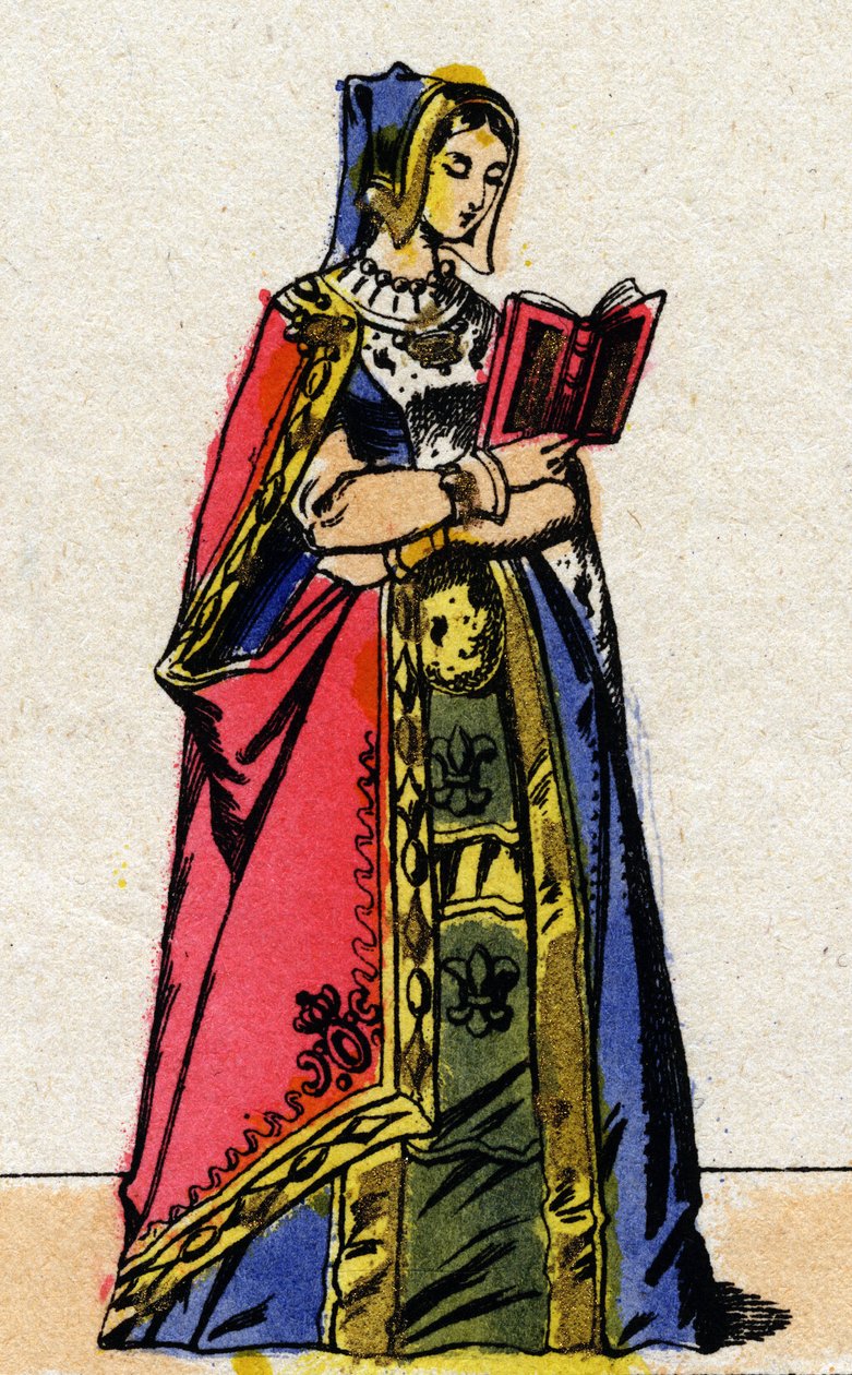 Dinastia dos Valois: Retrato de Ana de Bretanha (1477-1514), Rainha de França, esposa de Carlos VIII (1470-1498). Imagem epinal do final do século XIX. Coleção particular. de French School