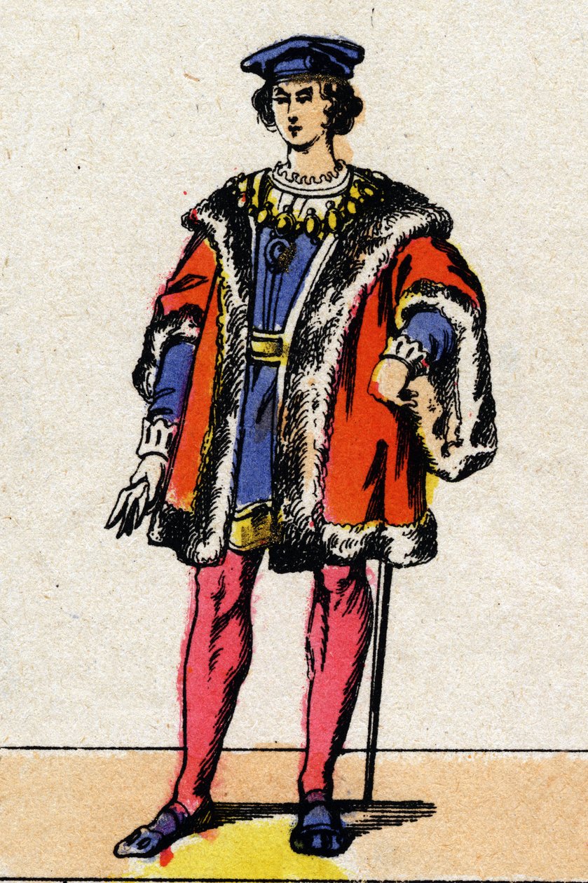 Dinastia dos Valois: Retrato de Carlos VIII (1470-1498), Rei de França de 1483 a 1498. Imagem epinal do final do século XIX. Coleção particular. de French School