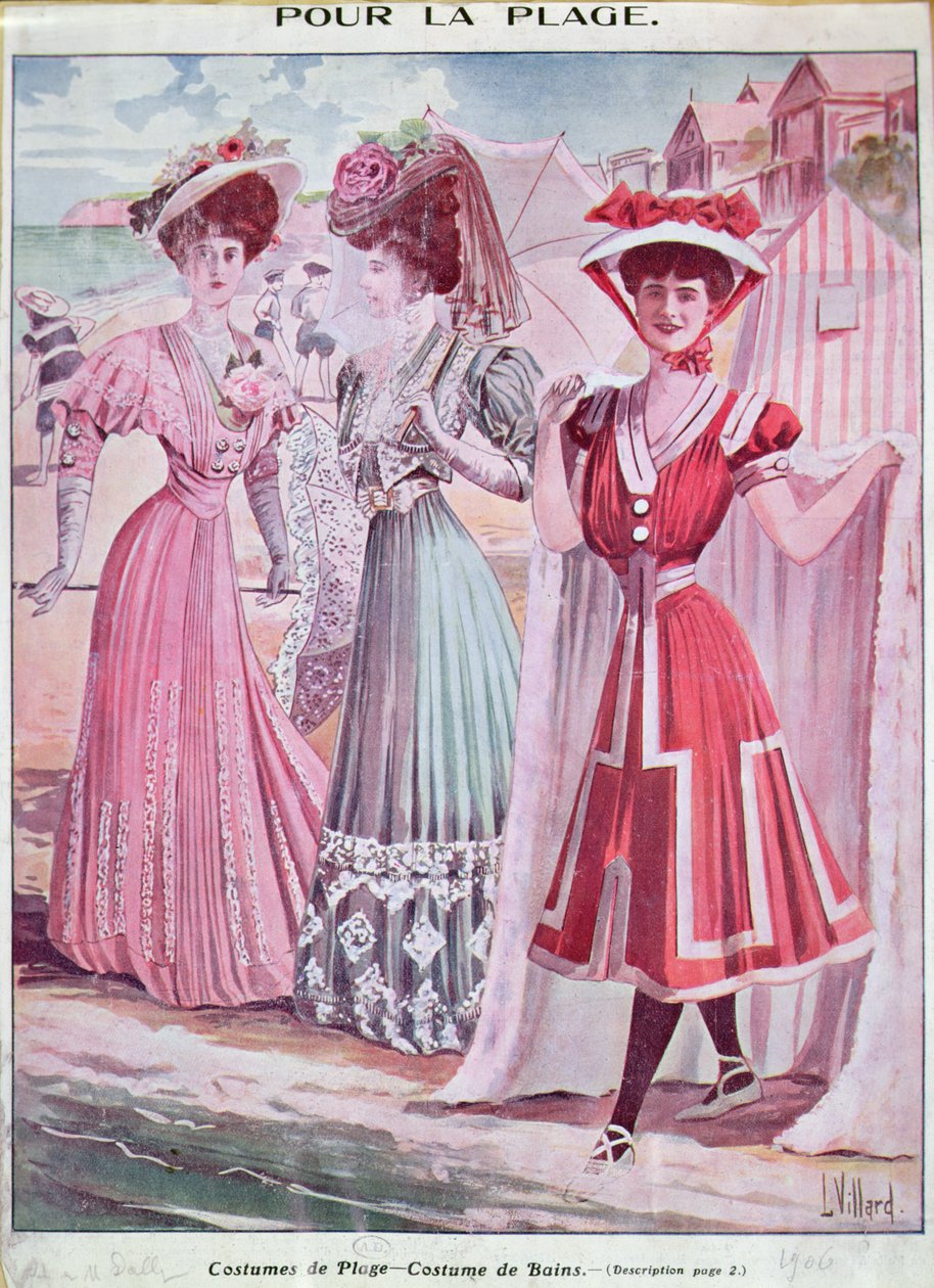 Vestuário de praia e banho do início do século XX, c.1906 (cor litho) de French School