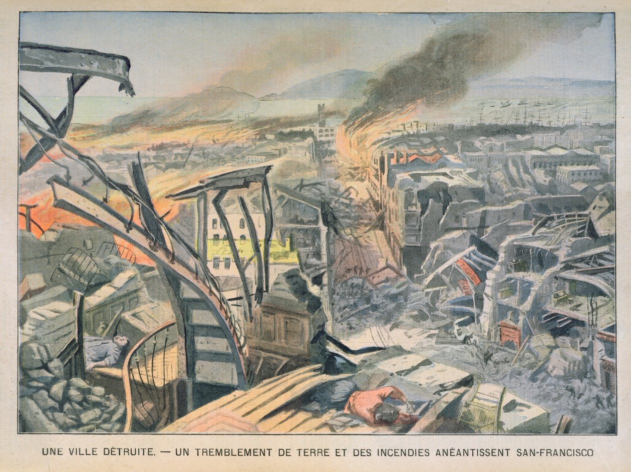 Terremoto e Incêndios em San Francisco em 18 de abril de 1906, ilustração de Le Petit Parisien, 6 de maio de 1906 de French School
