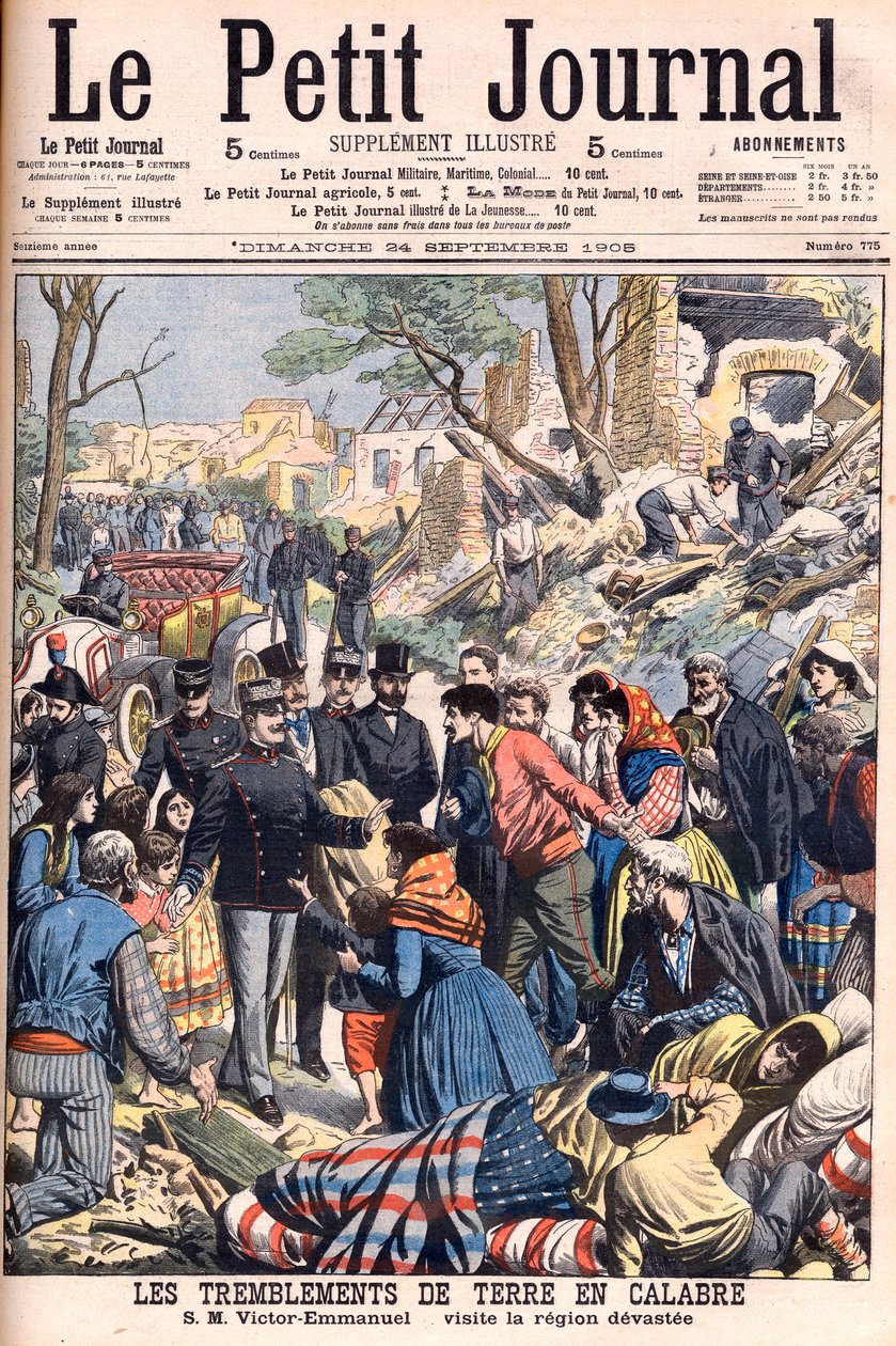 Terramoto na Calábria, Itália. O rei Victor Emmanuel III visitando as regiões devastadas. Terramotos na Calábria. SM Victor-Emmanuel visita a região devastada. Ilustração para o Le petit Journal, 24 de Setembro de 1905. Victor Emmanuel III da Itália (Vitto de French School
