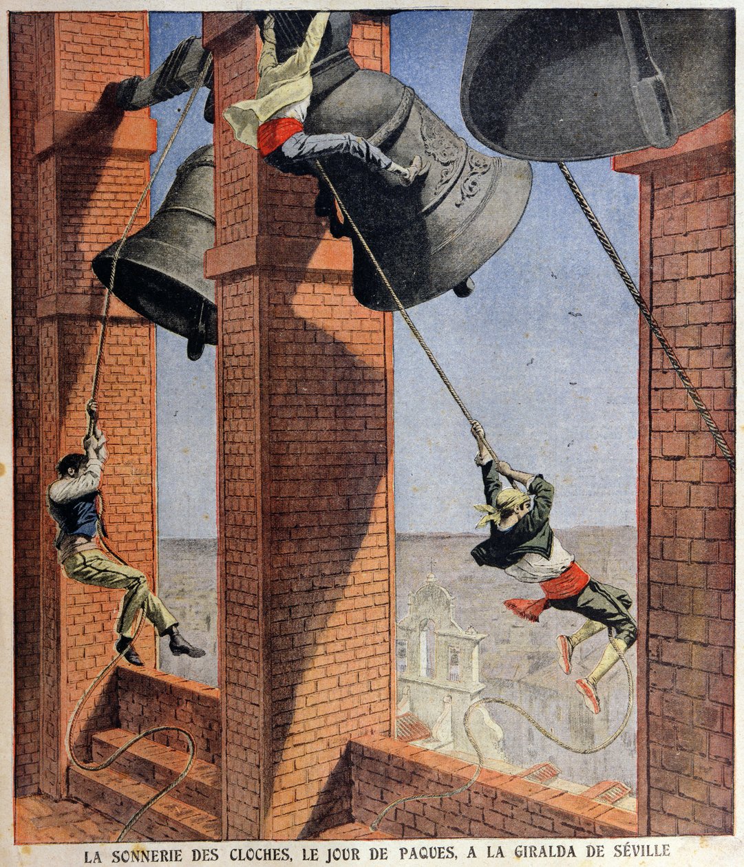 Sino de Páscoa tocando na Giralda em Sevilha, ilustração de capa para Le Petit Journal, 19 de abril de 1908 de French School
