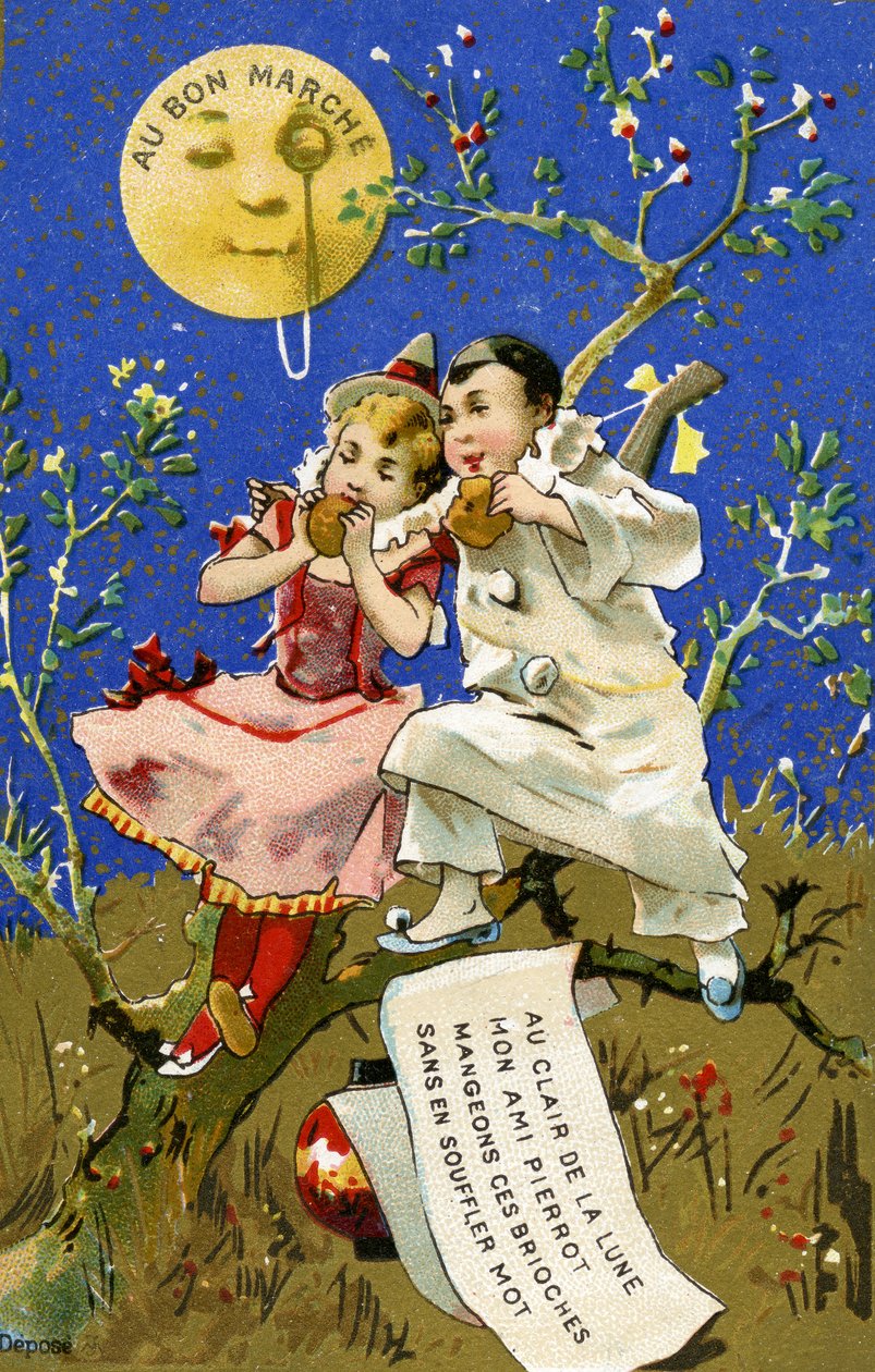 Comendo brioches à luz da lua, um cartão promocional para as lojas de departamento Bon Marché em Paris, c.1890 de French School