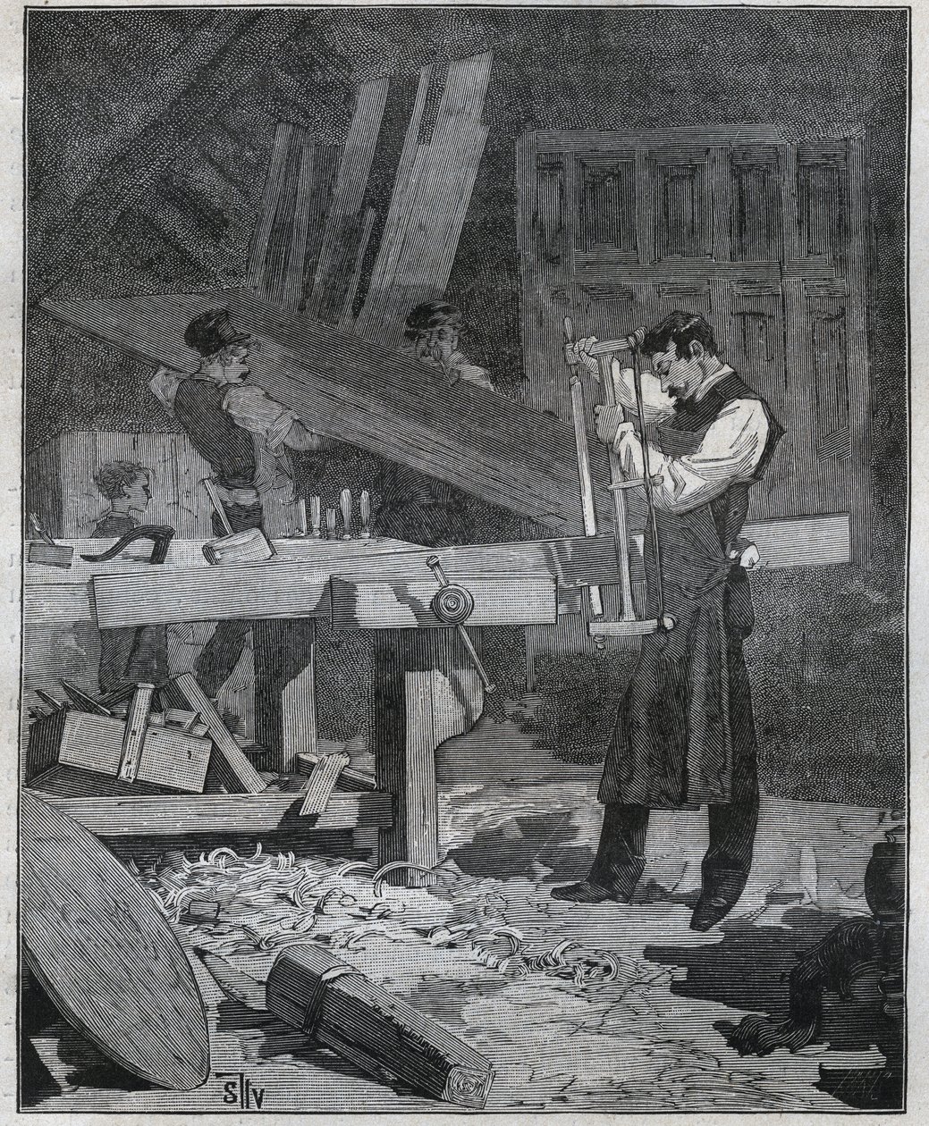 Ebenisterie: trabalhador ebenista que divide um conselho no estabelecido. Gravura de 1885 em "Les arts et metiers illustres" de Adolphe BITARD. de French School