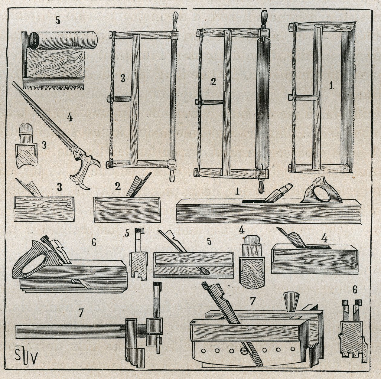 Ebenisterie: ferramentas habituais, serras e aplainamento. Gravura de 1885 em "Les arts et metiers illustres" de Adolphe BITARD. de French School