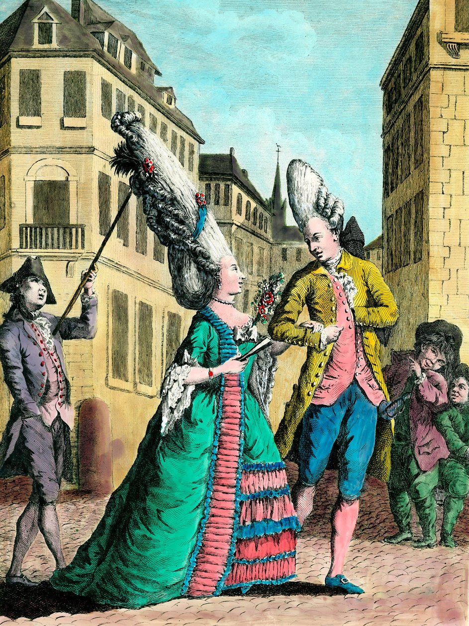Penteados excêntricos no século XVIII: a mulher francesa na caminhada. A gravura do século XVIII. Colecção privada. de French School