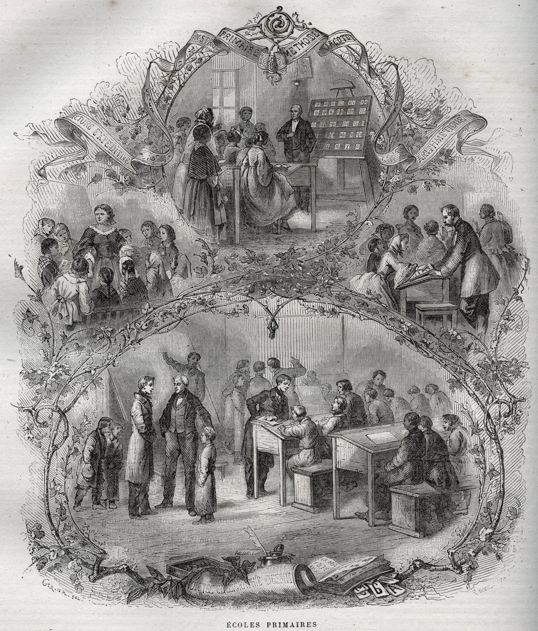 Escolas primárias na França no século XIX - gravura em - Nova Enciclopédia Nacional de Maurice La Charest - 1870 - de French School