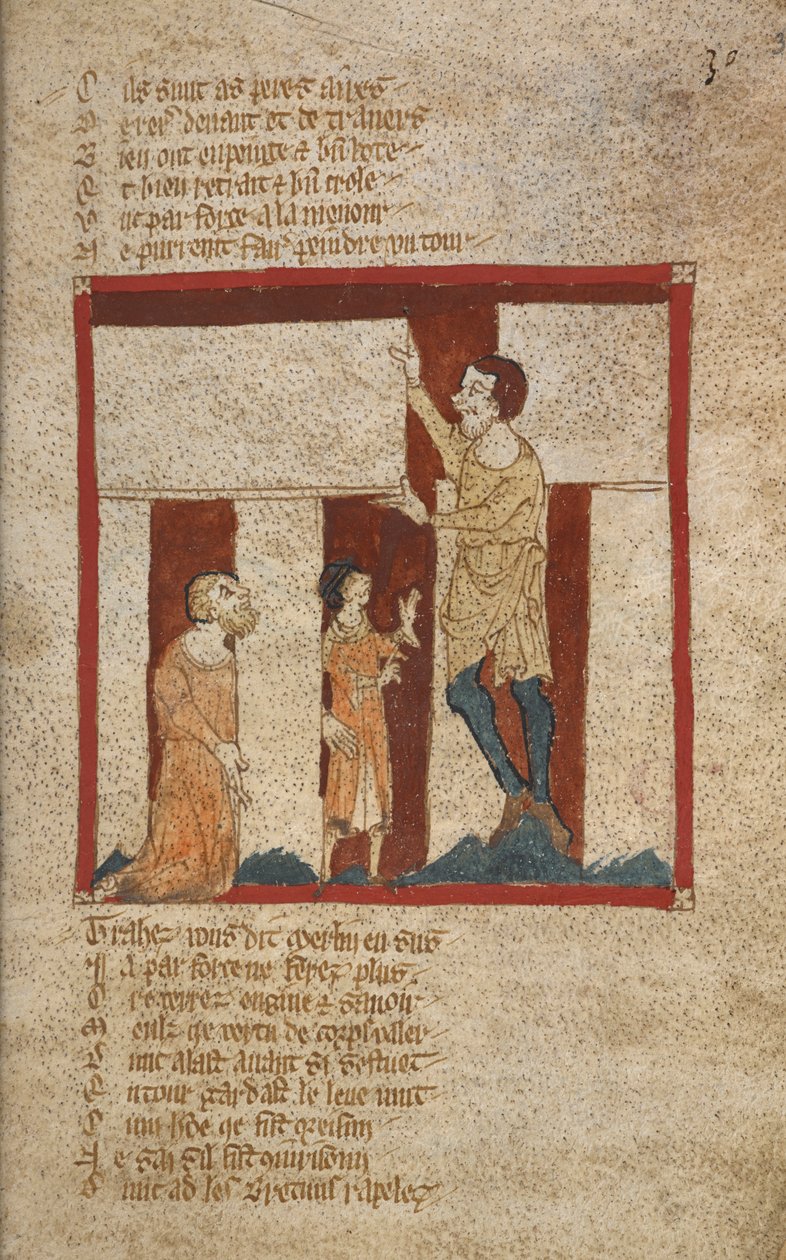Egerton 3028, f.30 Edifício de Stonehenge. Stonehenge é construído com a ajuda de Merlin, meados do século XIV de French School