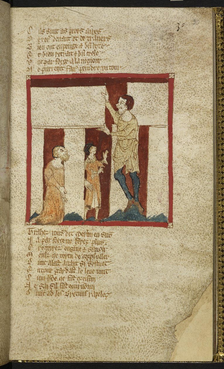 Egerton MS 3028 f.30r, Stonehenge é construído, com a ajuda de Merlin, de 