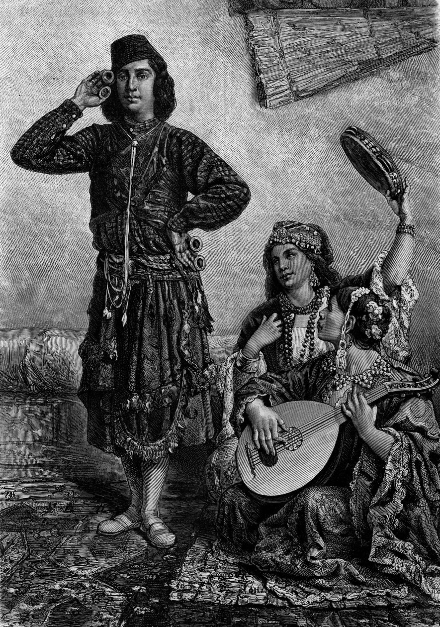 Músicos e dançarinos egípcios. O homem segura címbalos entre os dedos. Gravura em "Le Journal de la jeunesse". de French School