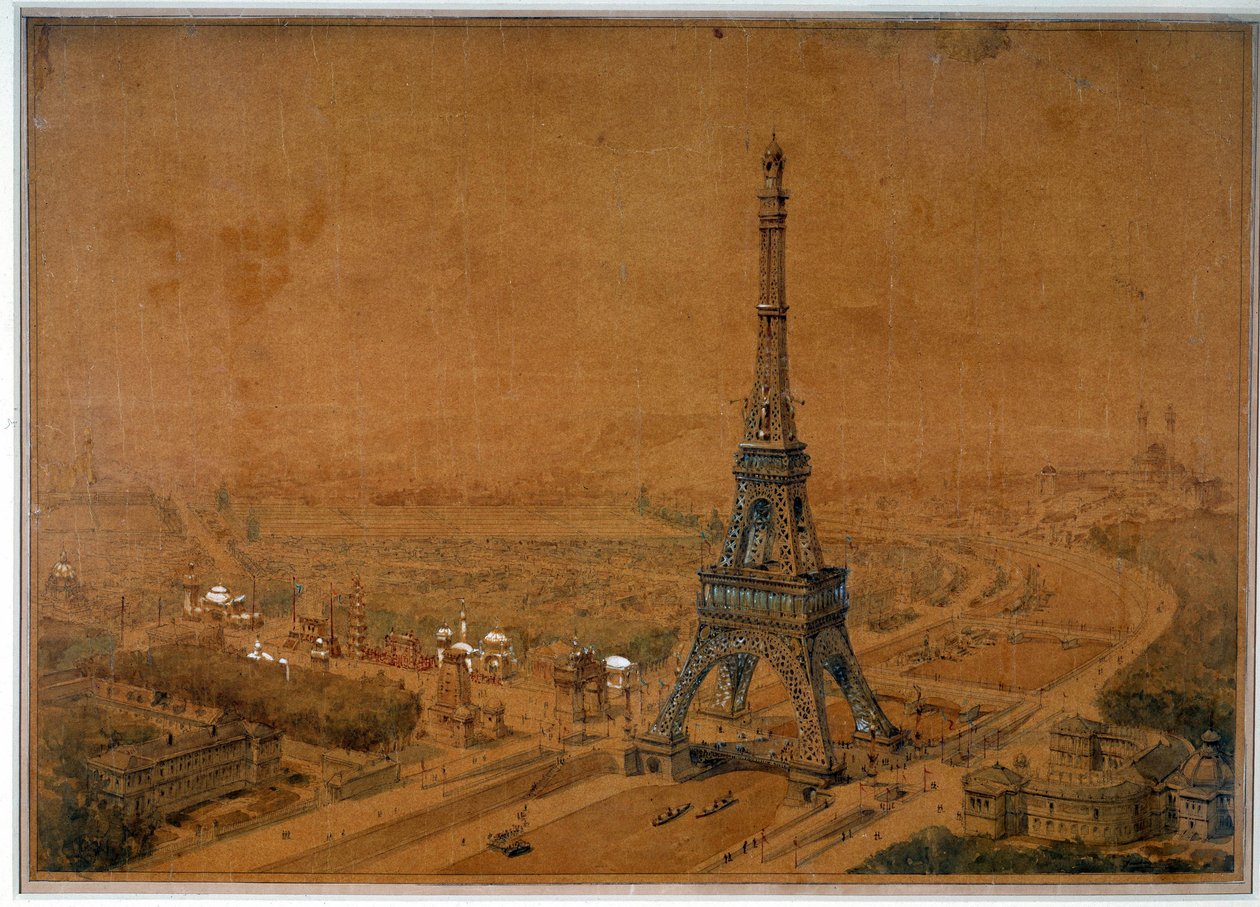 Projecto da Torre Eiffel do concurso de 1886 recusa-se a participar na exposição de 1889. Desenho da Torre Eiffel de 1886. Paris, Arquivo Nacional de French School