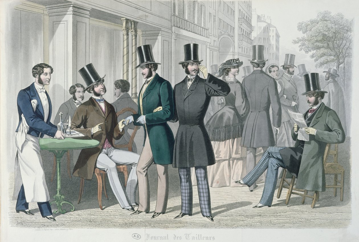 Homens jovens elegantes no terraço de um café, 1857 (gravura a cores) de French School