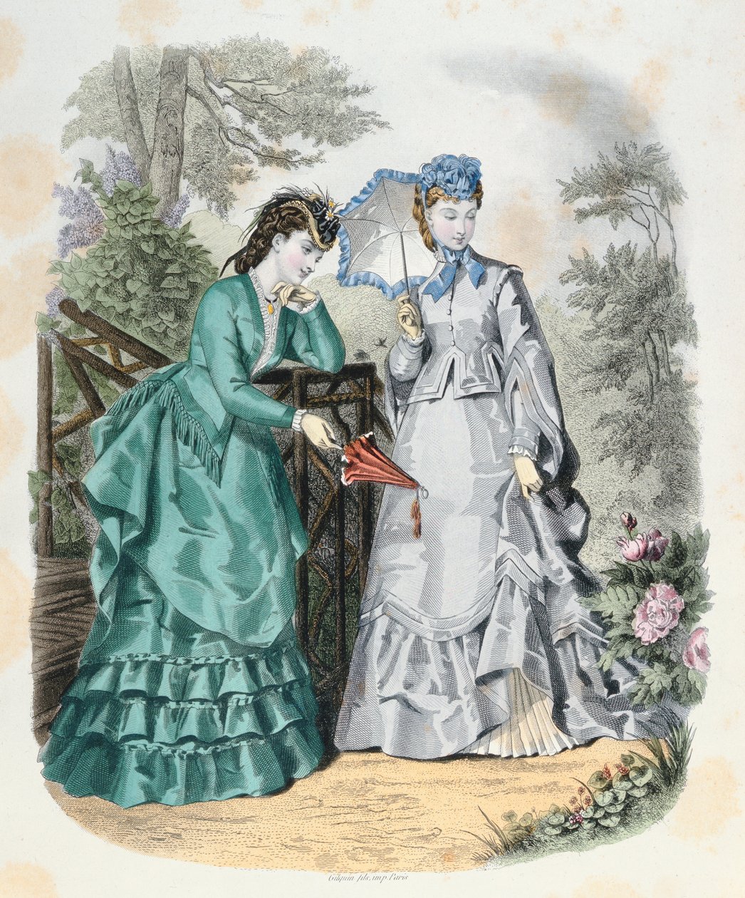 Mulheres elegantes em um jardim, de La Mode Illustrée, 1871 de French School