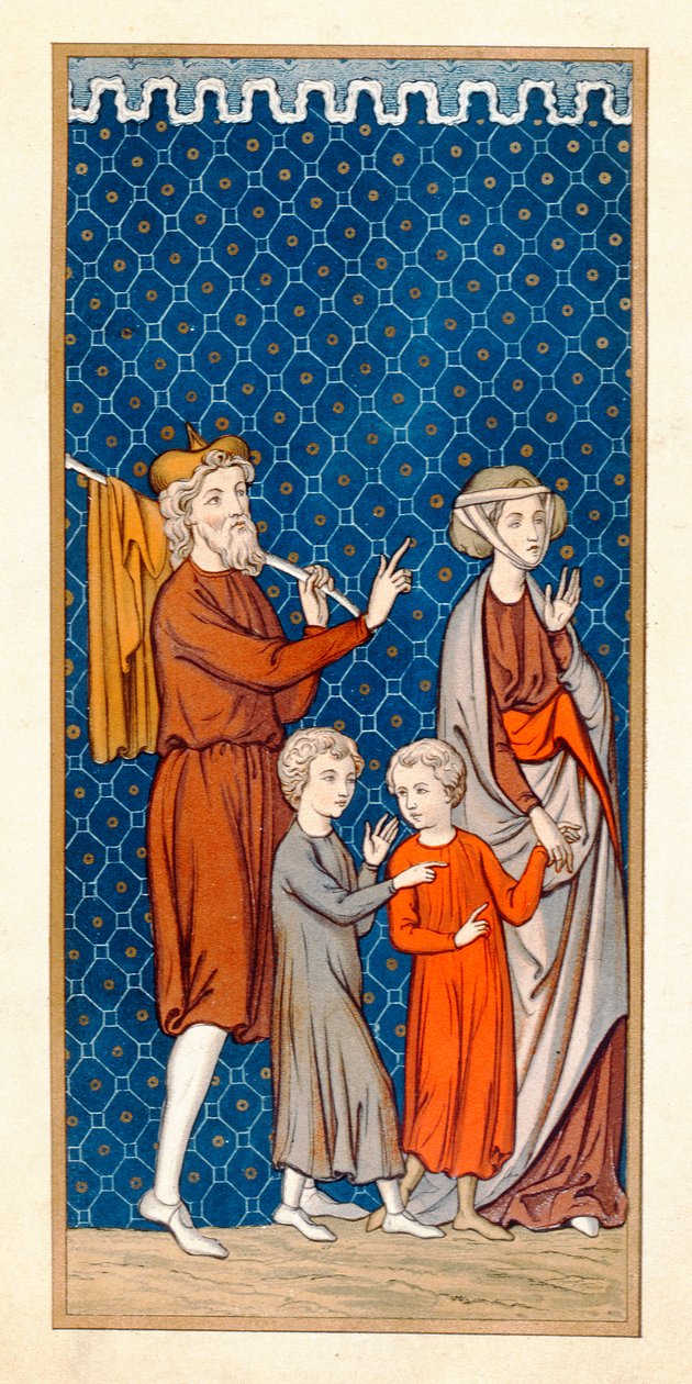 Elimeleque e sua esposa Naomi com seus dois filhos deixando Belém depois de uma fome, cópia da miniatura do século XVI de French School