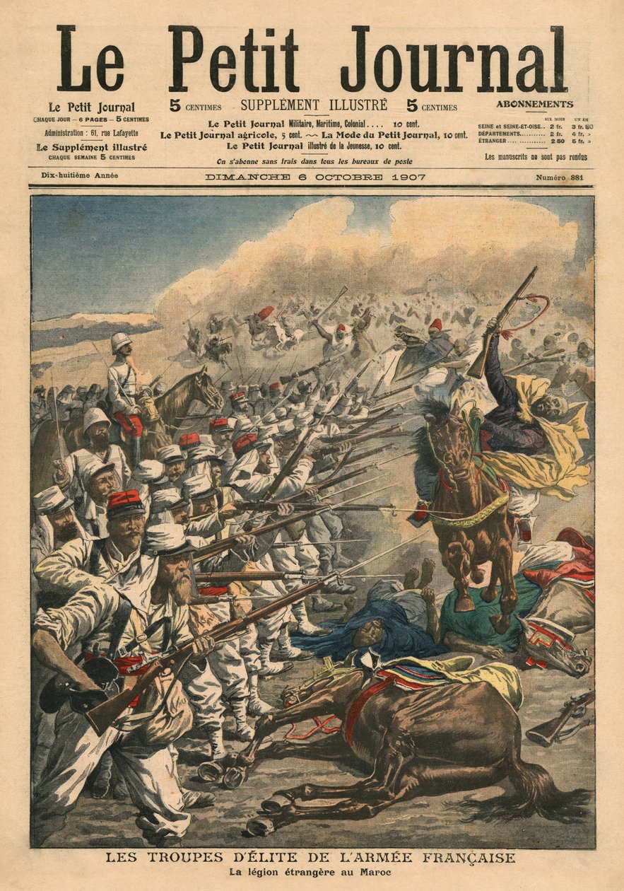Tropas de elite do exército francês, Legião Estrangeira Francesa em Marrocos, ilustração de &39;Le Petit Journal&39;, suplemento ilustrado, 6 de outubro de 1907 de French School