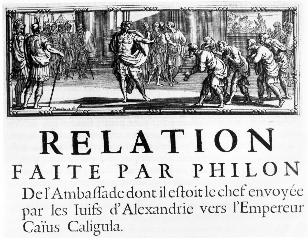 Embaixada de Filo no Imperador Romano, Gaius Calígula, capitulo de ilustração da História da Guerra dos Judeus contra os Romanos, de Flávio Josefo, publicado em Paris, 1688 de French School