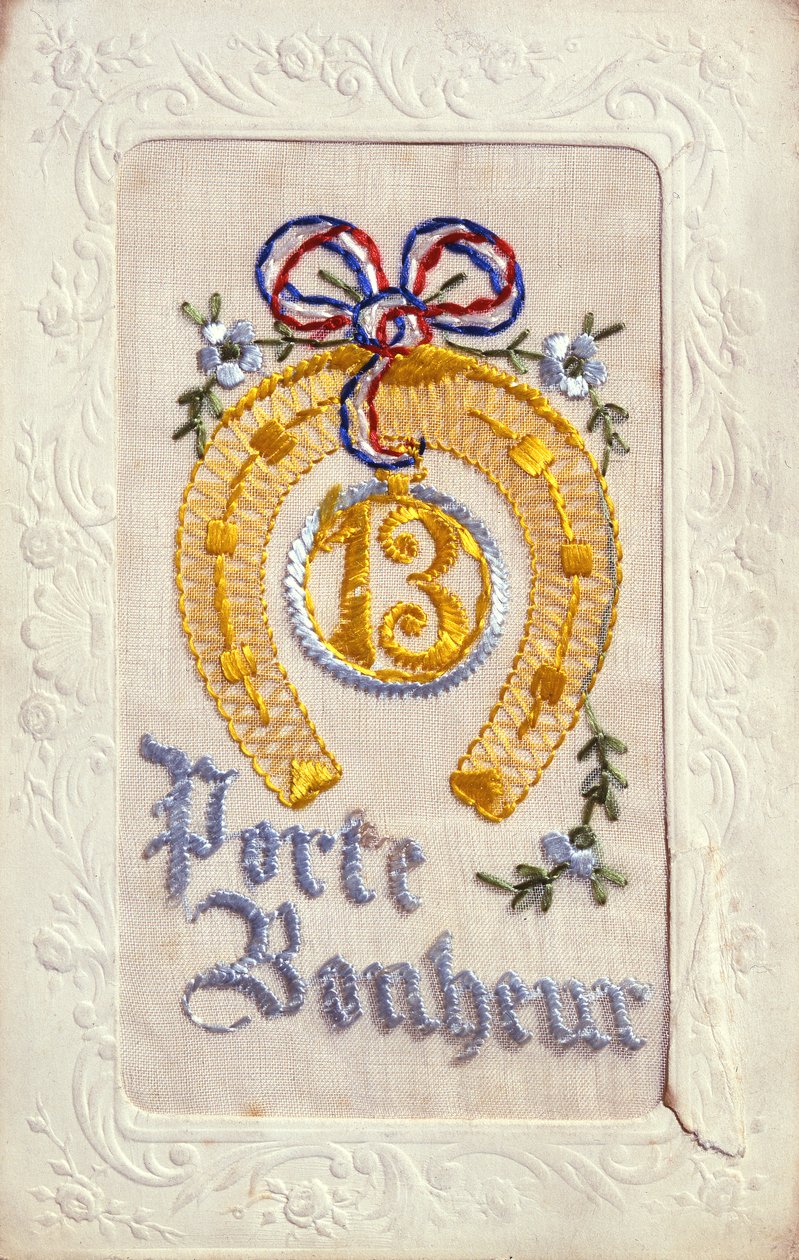 Cartão postal bordado representando encantos de boa sorte, pré 1914 (seda e cartão) de French School