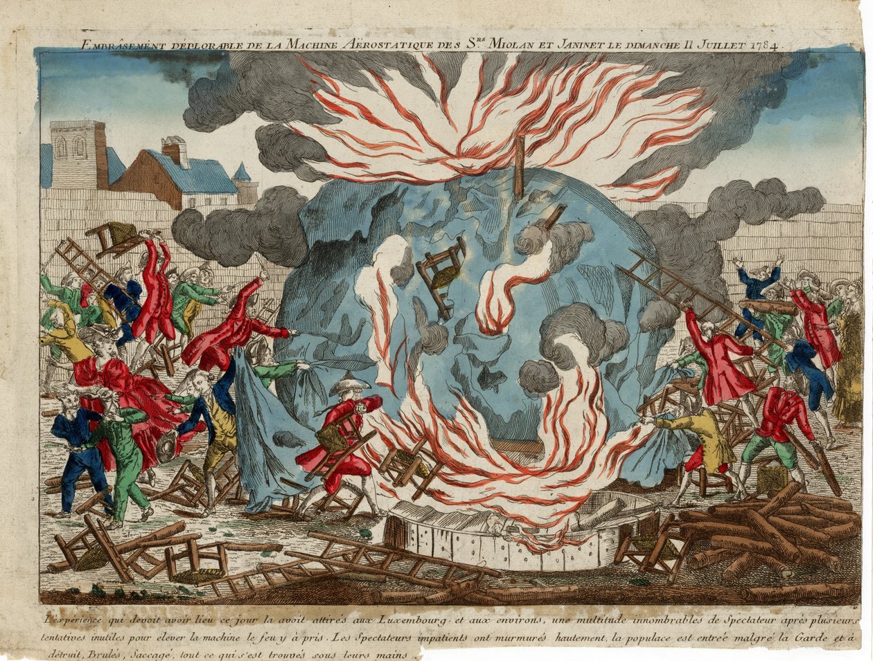 Envolvimento lamentável da máquina de ar das Irmãs. Miolan e Janinet no domingo, 11 de julho de 1784. pub. 1784 (gravura colorida à mão) de French School