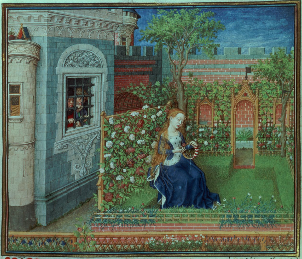 Emelye no jardim dela. Os cavaleiros presos Palamon e Arcite, das Horas do Duque de Borgonha de French School