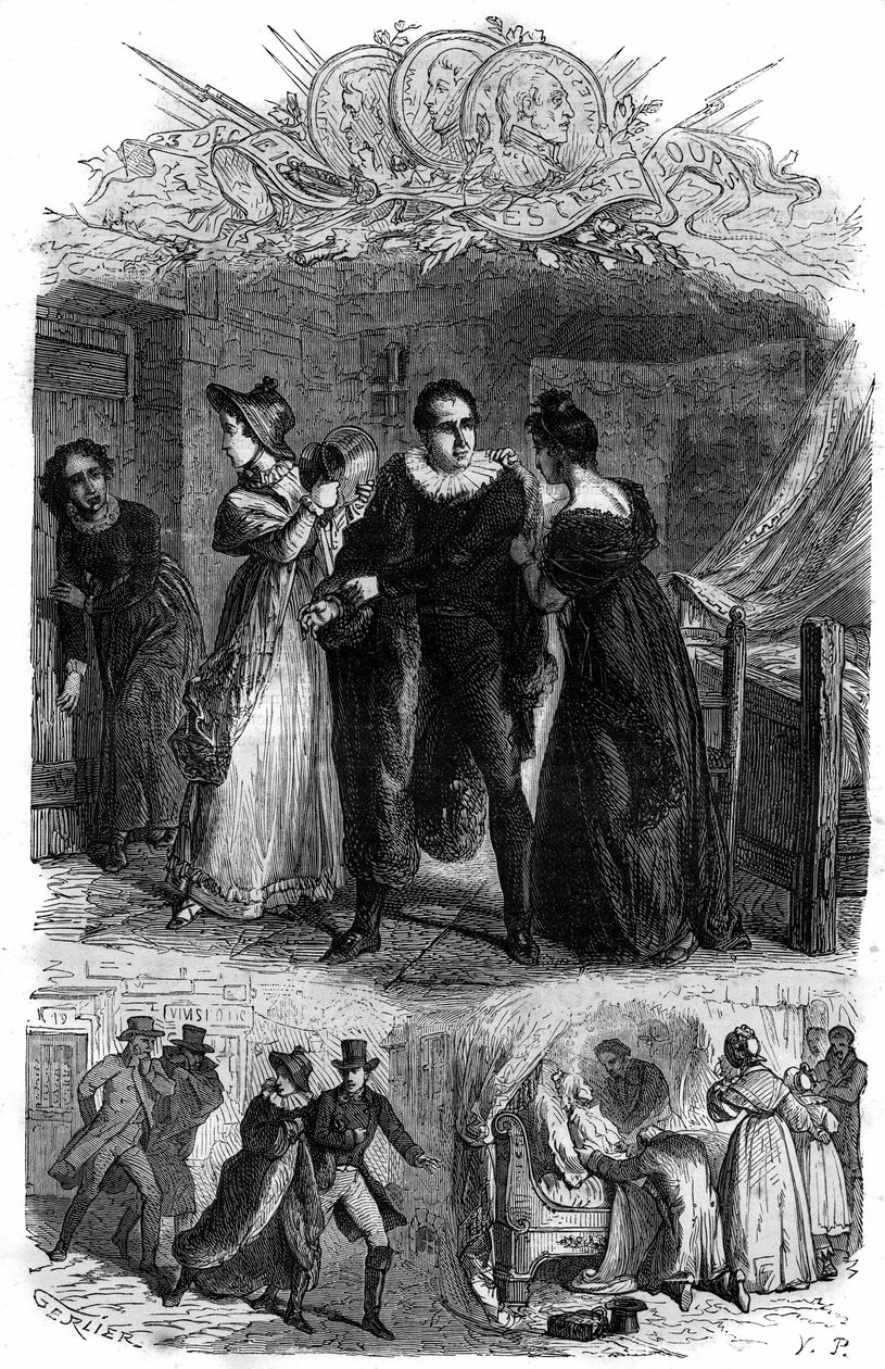 Emilie de Lavalette, conhecida como Madame de la Valletta, teve seu marido Antoine Marie Chamans, conde de Lavalette (1769-1830, diretora dos Correios) fugindo do Concierge durante a revolução. Gravura no "Histoire des Papes-Rois-Queen e Empereu de French School
