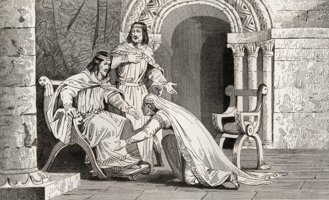 Emme beija o joelho de seu marido Raoul (d.936) em reconhecimento de sua soberania, de &39;Histoire de France&39; por Colart, publicado em 1840 de French School