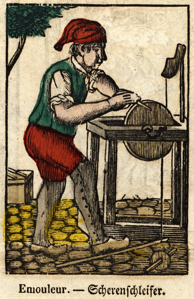 Emouleur (consiste em afiar objectos com a mó); Série sobre artesanato, imagem de Epinal do século XIX. de French School