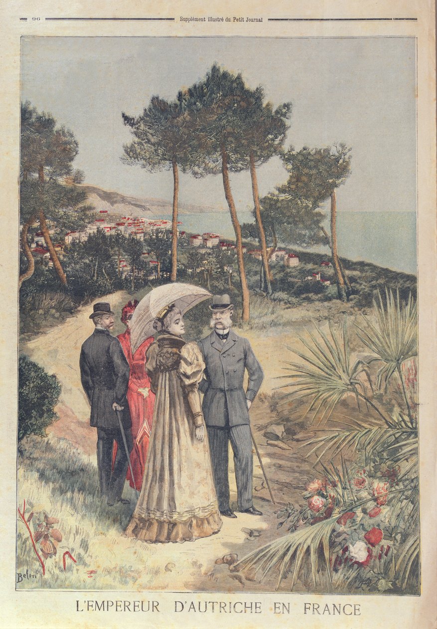 Imperador Franz Josef da Áustria em férias na Riviera Francesa com sua esposa, Imperatriz Elizabeth, 1894 (cor litho0 de French School