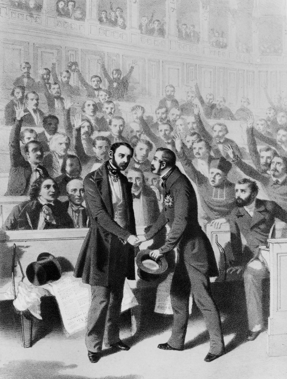 Imperador Luís Napoleão Bonaparte III (1808-1873) Agitando as Mãos com o General Petit, na Inspecção do Regimento dos Inválidos da Grande Armée, 24 de Dezembro de 1848 de French School