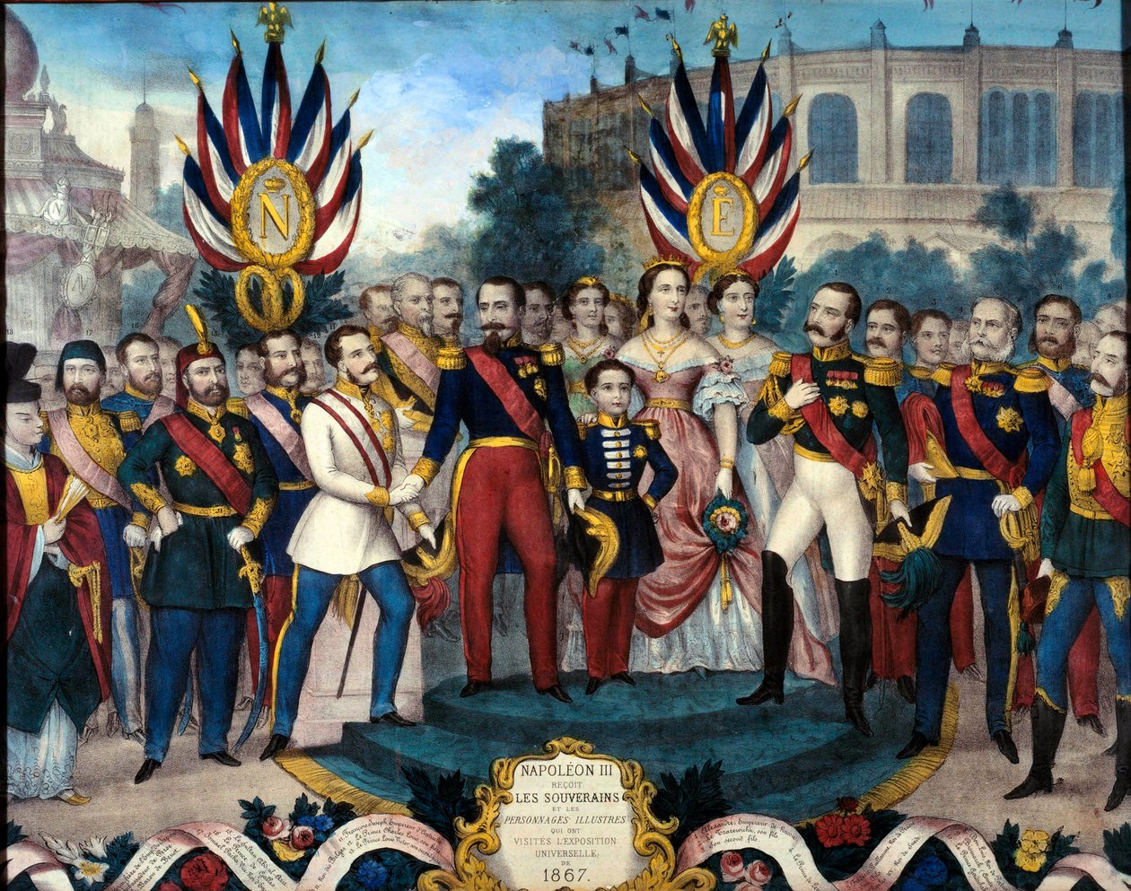 O Imperador Napoleão III (1808-1873) recebeu soberanos estrangeiros na Gravura da Exposição Universal do século XIX de 1867. Museu do Castelo de Compiegne de French School