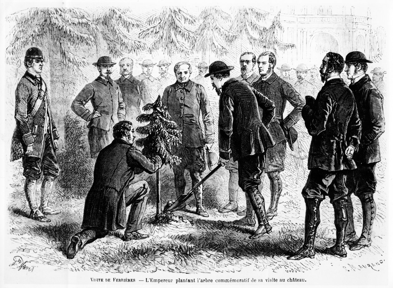 Imperador Napoleão III plantando uma árvore em Ferrières, casa do Barão James de Rothschild, para comemorar sua visita, do Le Monde Illustré, 2 de novembro de 1862 de French School