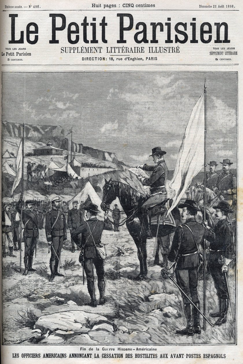 Fim da Guerra Hispano-Americana (Hispano Americano) em 1898. Oficiais americanos anunciando a cessação das hostilidades nos postos avançados espanhóis. Gravação em "Le petit parisien" a partir de 1898. de French School