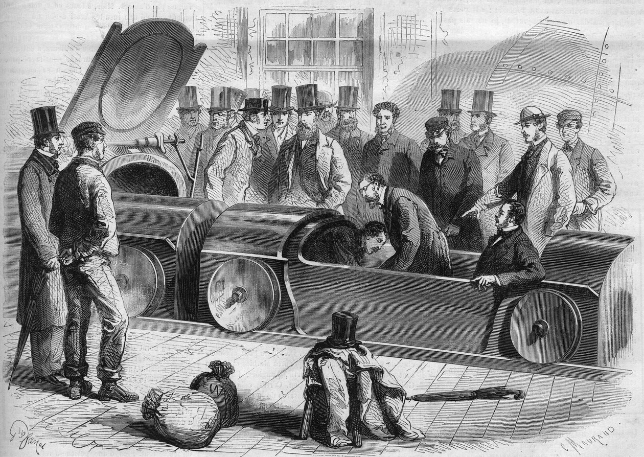 Inglaterra 1865: London Air Railway. O Duque de Buckingham e vários membros da empresa iniciaram a viagem pneumática. Gravação a partir de 1865. de French School